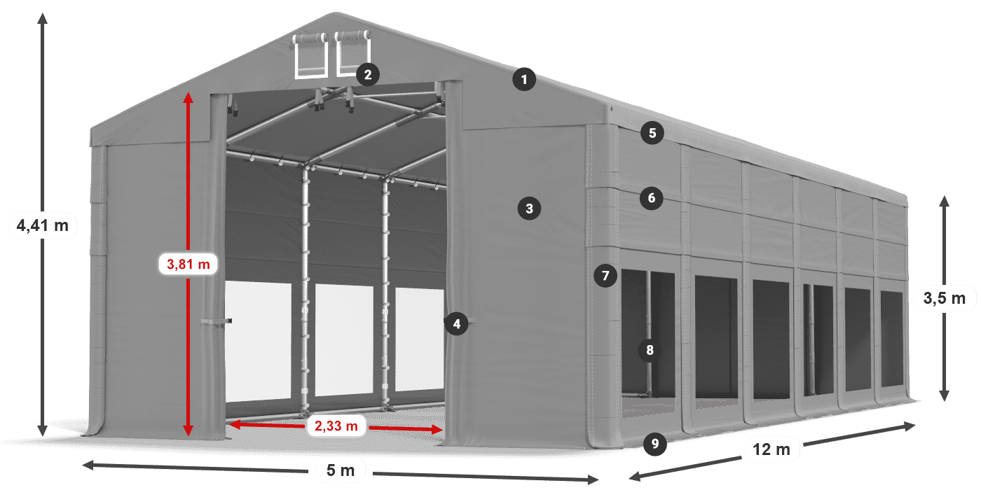 Tető: FR 620 PVC Falak: MS 580 PVC 3,5 m jelmagyarázat