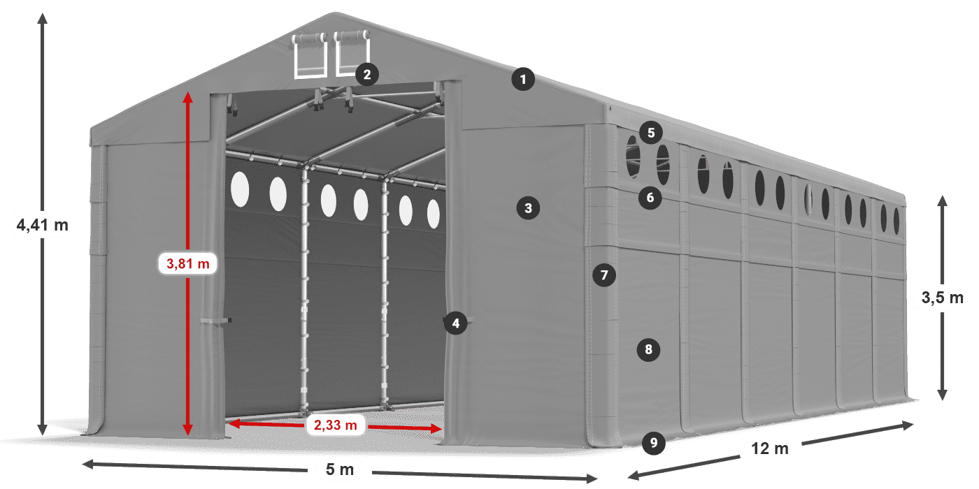 Tető: MS 580 PVC Falak: SD O 500 PVC 3,5 m jelmagyarázat