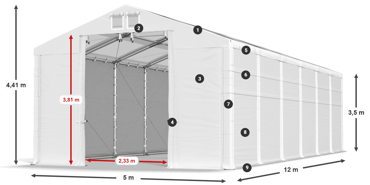 Tető: MS T 580 PVC Falak: SD 500 PVC 3,5 m jelmagyarázat