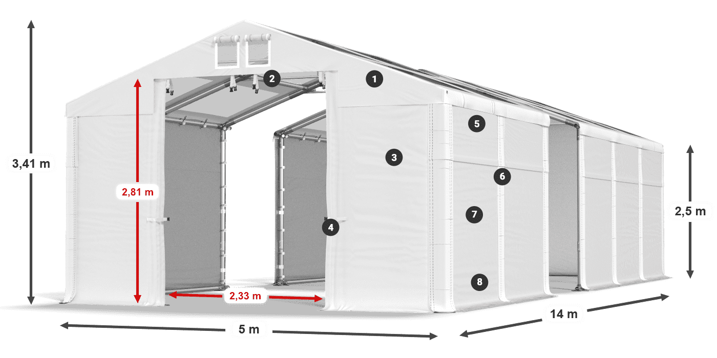Tető: MS T 580 PVC Falak: FR 620 PVC 2,5 m jelmagyarázat