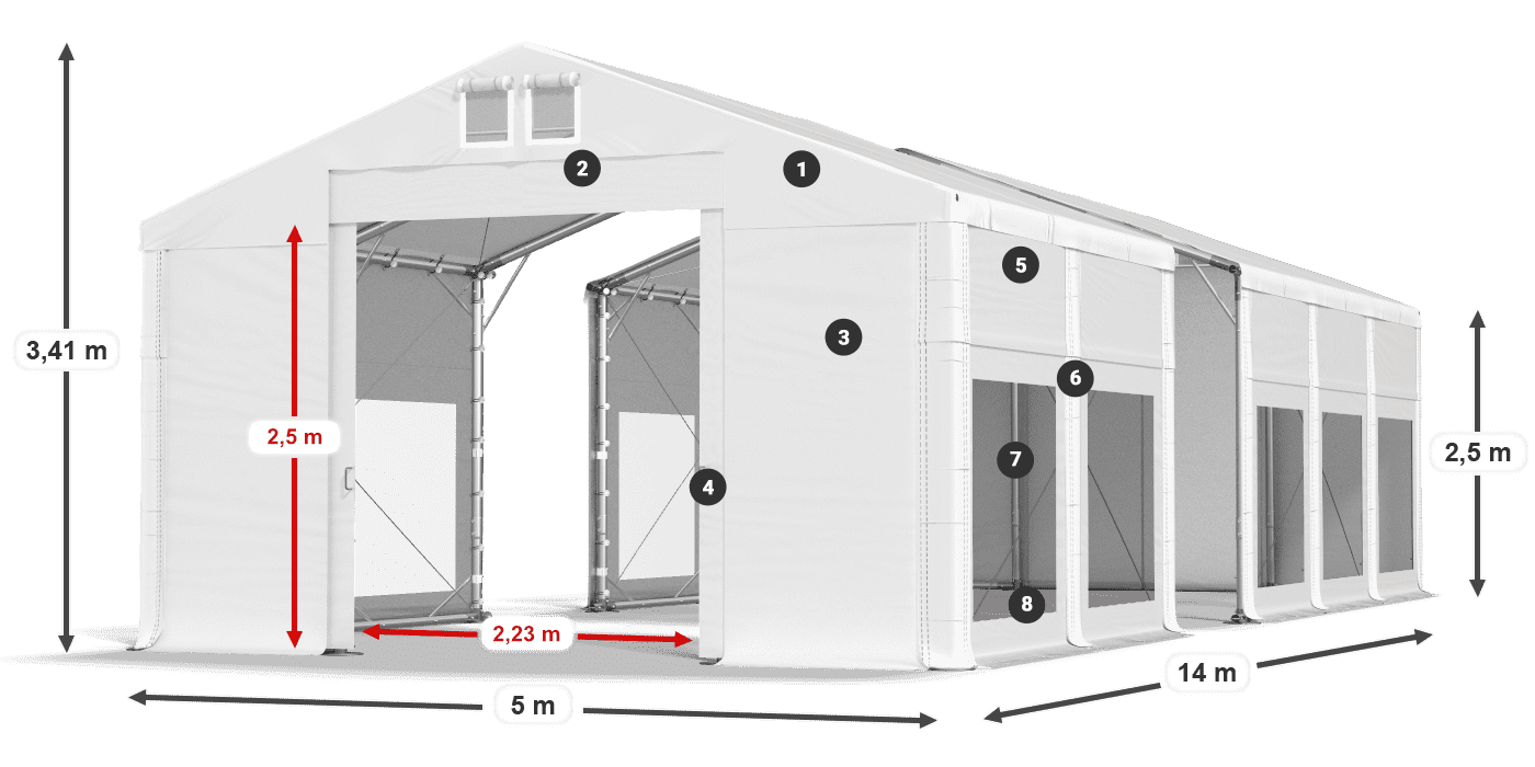 Tető: MS 580 PVC Falak: MS 580 PVC 2,5 m jelmagyarázat