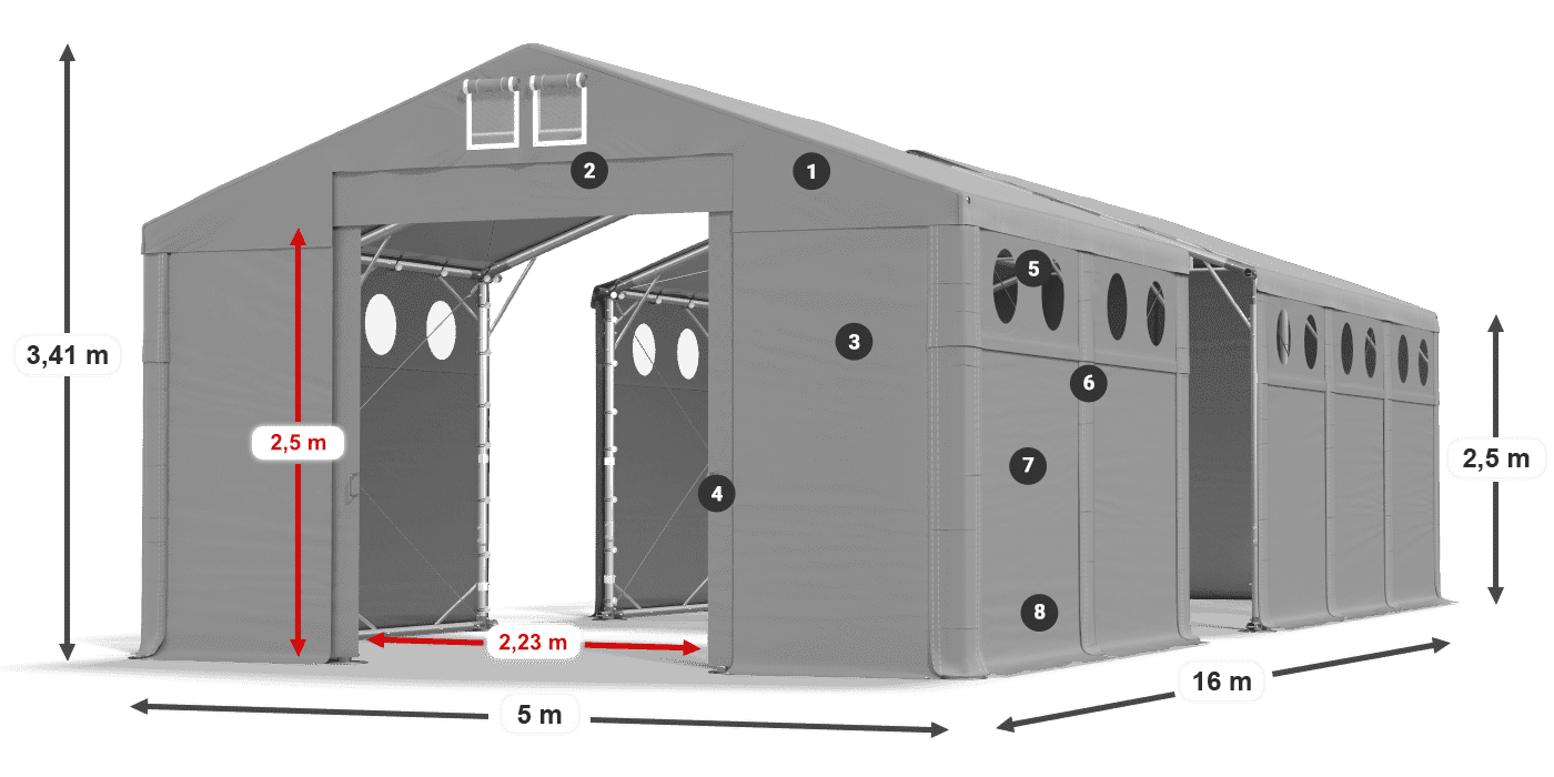 Tető: MS 580 PVC Falak: FR O 620 PVC 2,5 m jelmagyarázat