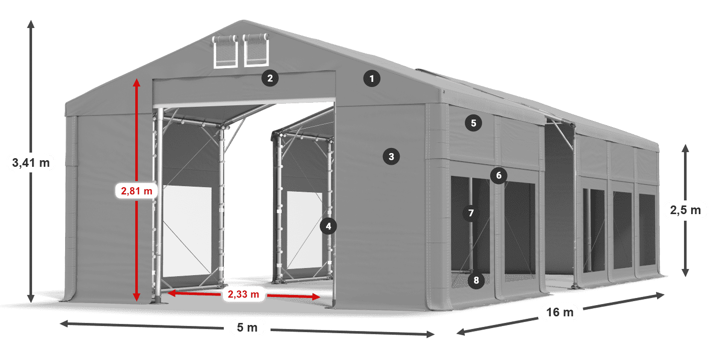 Tető: MS 580 PVC Falak: MS 580 PVC 2,5 m jelmagyarázat