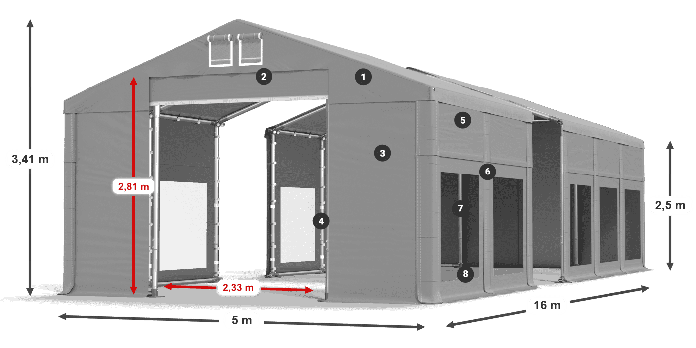 Tető: MS 580 PVC Falak: MS 580 PVC 2,5 m jelmagyarázat