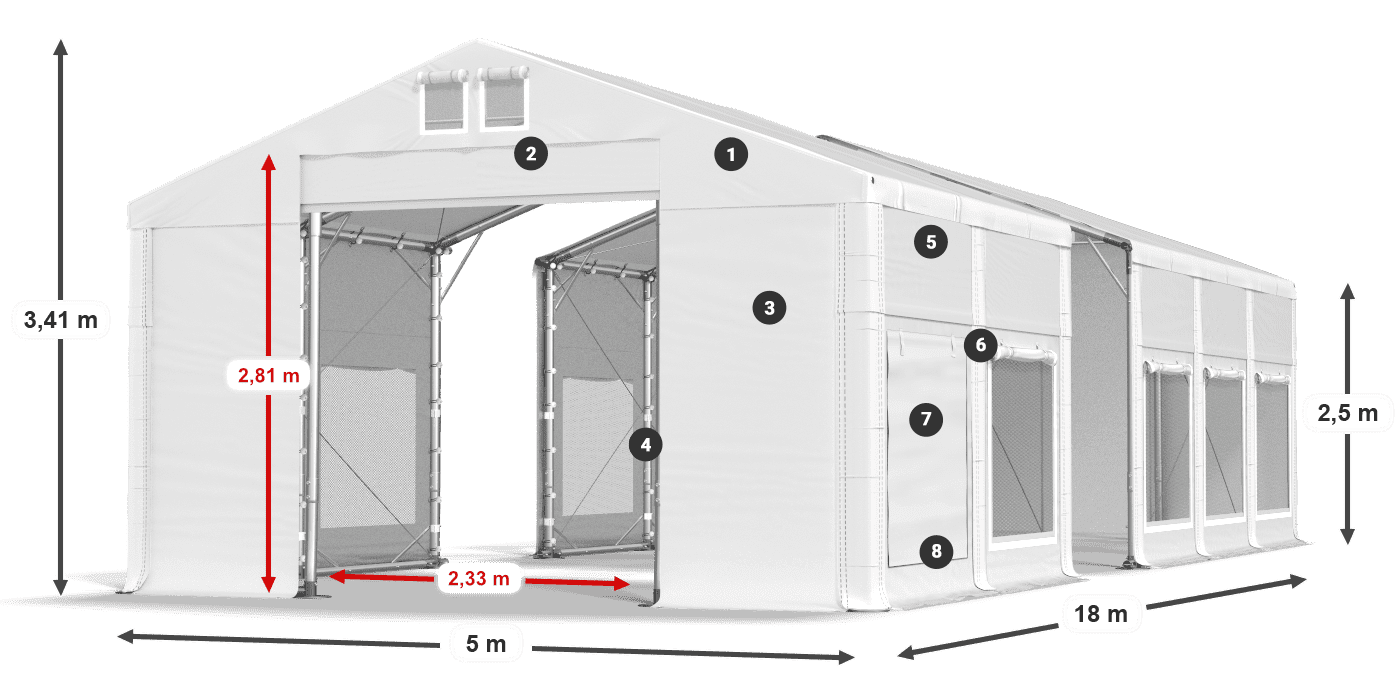 Tető: MS 580 PVC Falak: SD M 500 PVC 2,5 m jelmagyarázat