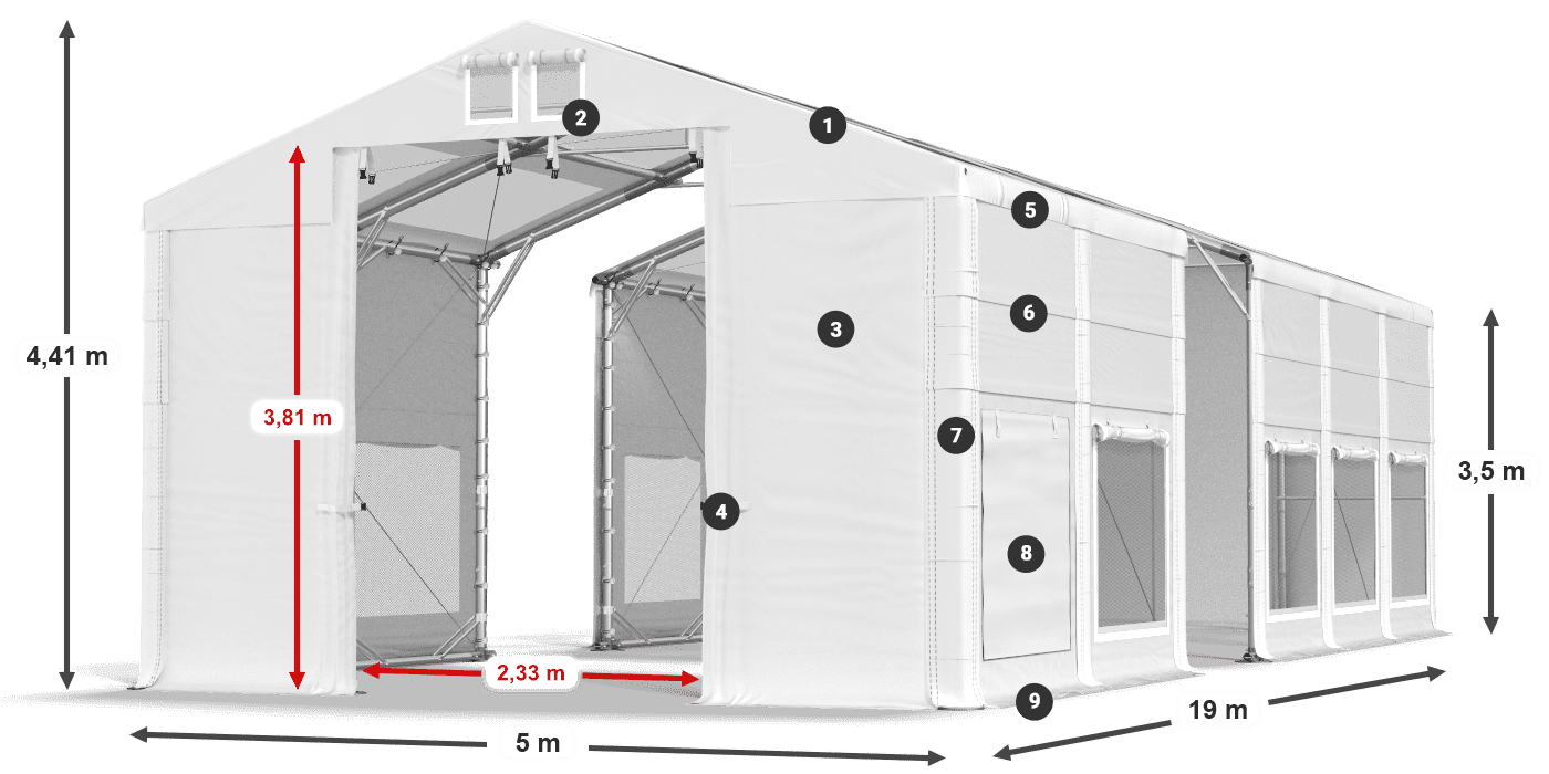 Tető: MS T 580 PVC Falak: SD M 500 PVC 2,5 m jelmagyarázat