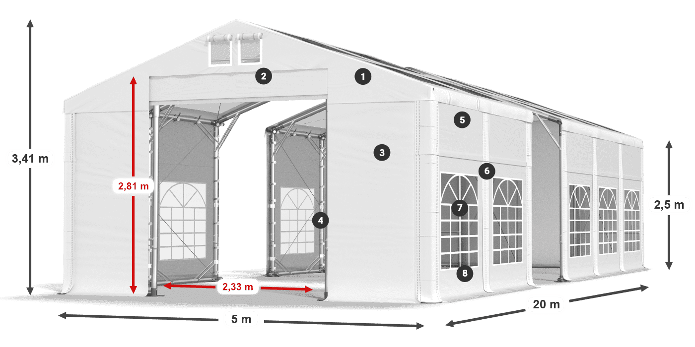 Tető: MS T 580 PVC Falak: FR 620 PVC 2,5 m jelmagyarázat