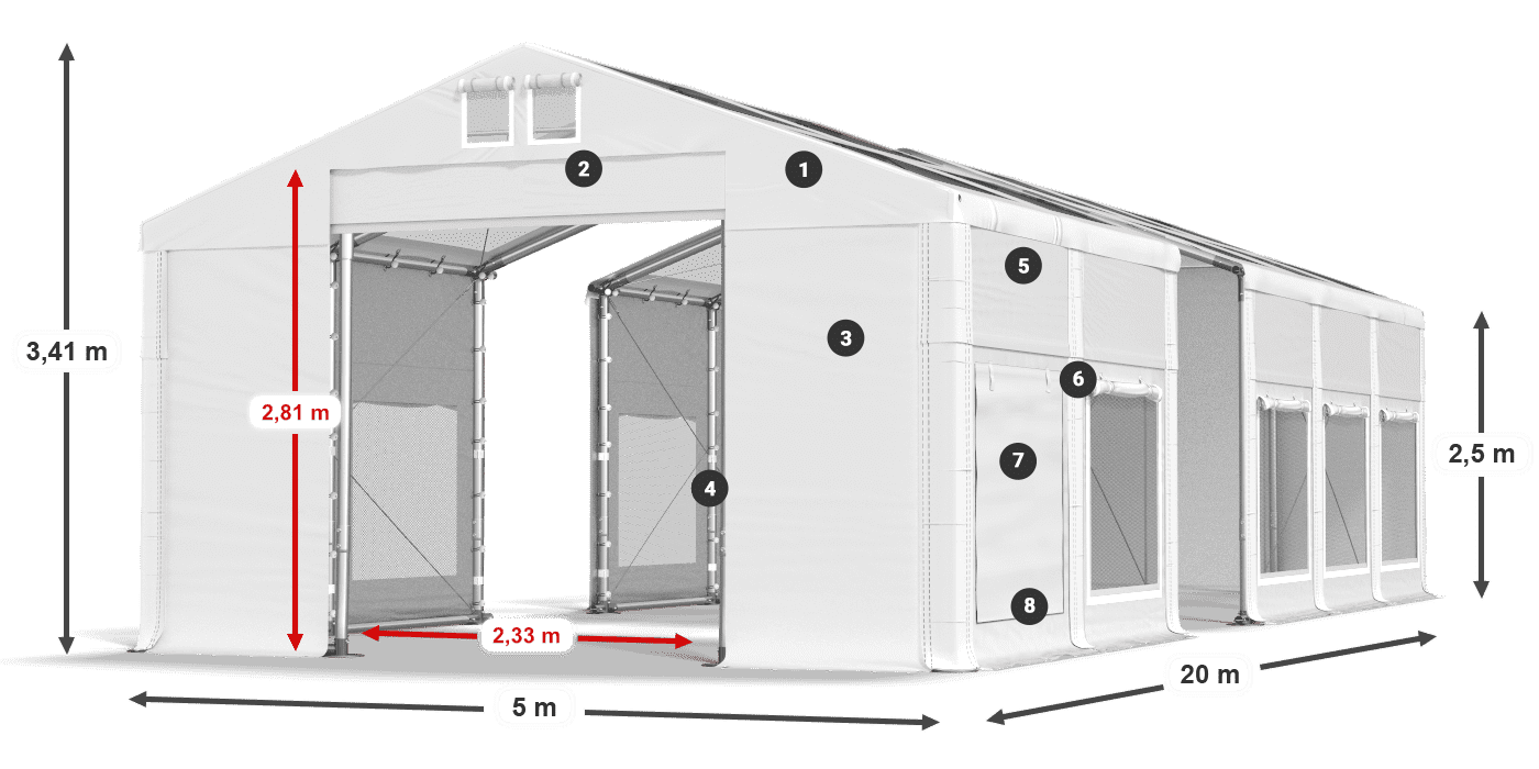 Tető: MS T 580 PVC Falak: SD M 500 PVC 2,5 m jelmagyarázat