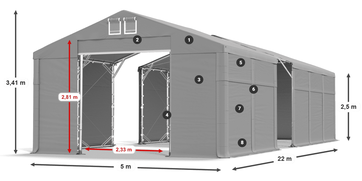 Tető: MS 580 PVC Falak: FR 620 PVC 2,5 m jelmagyarázat