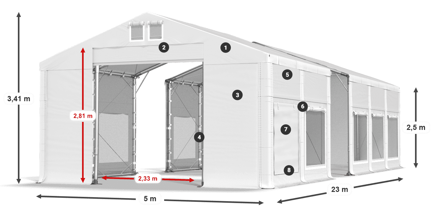 Tető: MS 580 PVC Falak: SD M 500 PVC 2,5 m jelmagyarázat