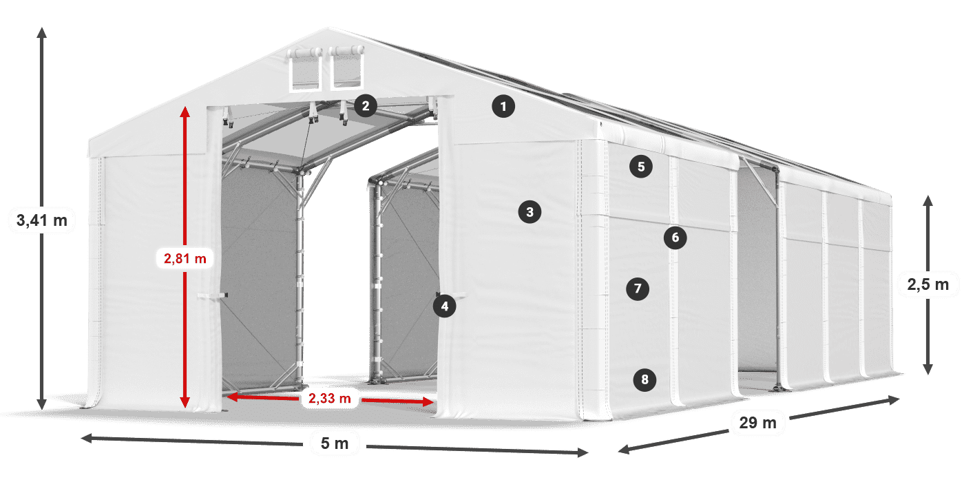 Tető: MS T 580 PVC Falak: FR 620 PVC 2,5 m jelmagyarázat