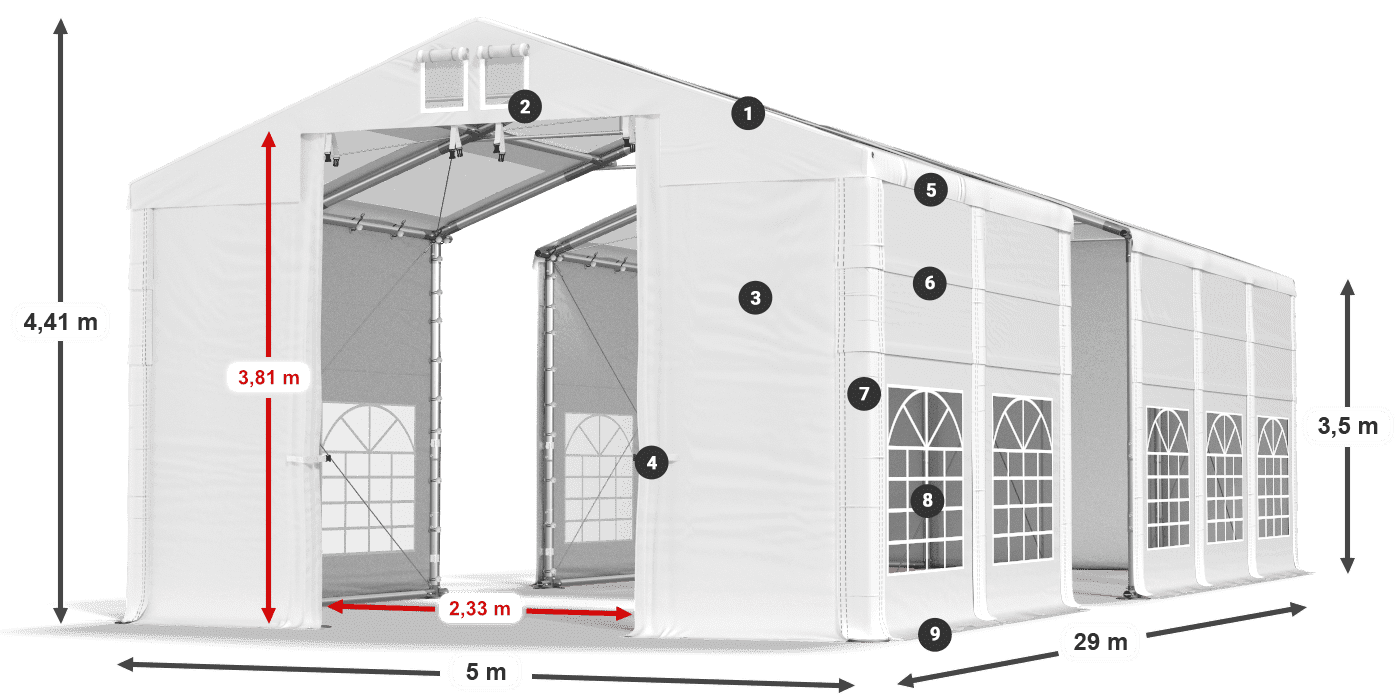 Tető: MS T 580 PVC Falak: FR 620 PVC 2,5 m jelmagyarázat