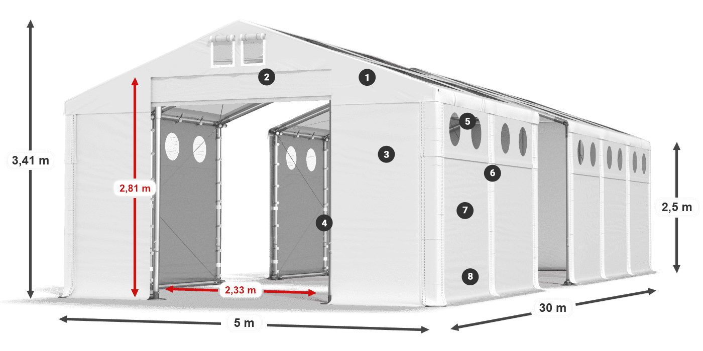 Tető: MS T 580 PVC Falak: MS O 580 PVC 2,5 m jelmagyarázat