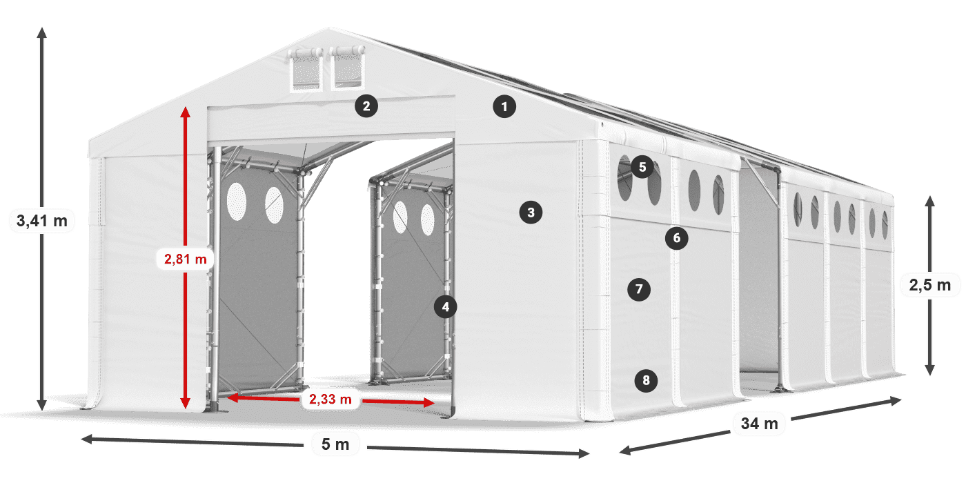 Tető: MS T 580 PVC Falak: MS O 580 PVC 2,5 m jelmagyarázat