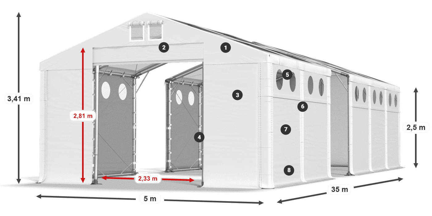 Tető: MS T 580 PVC Falak: FR O 620 PVC 2,5 m jelmagyarázat
