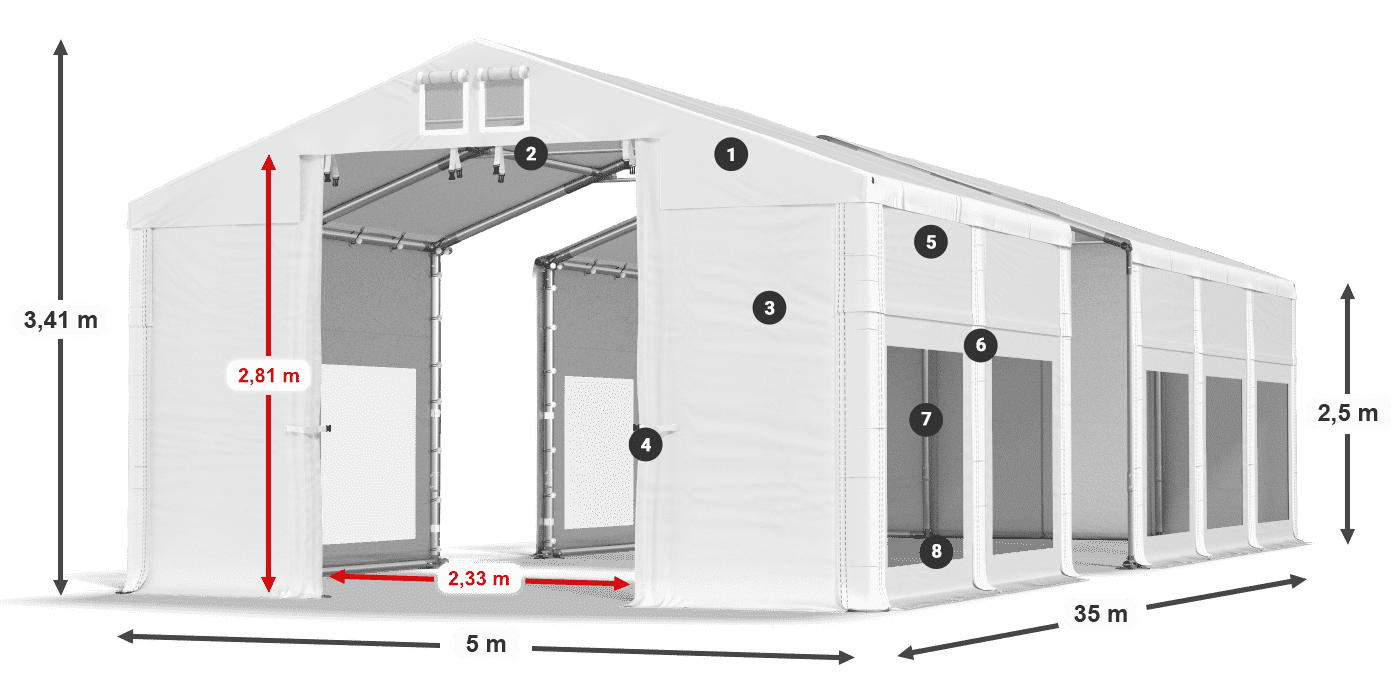 Tető: MS 580 PVC Falak: MS 580 PVC 2,5 m jelmagyarázat