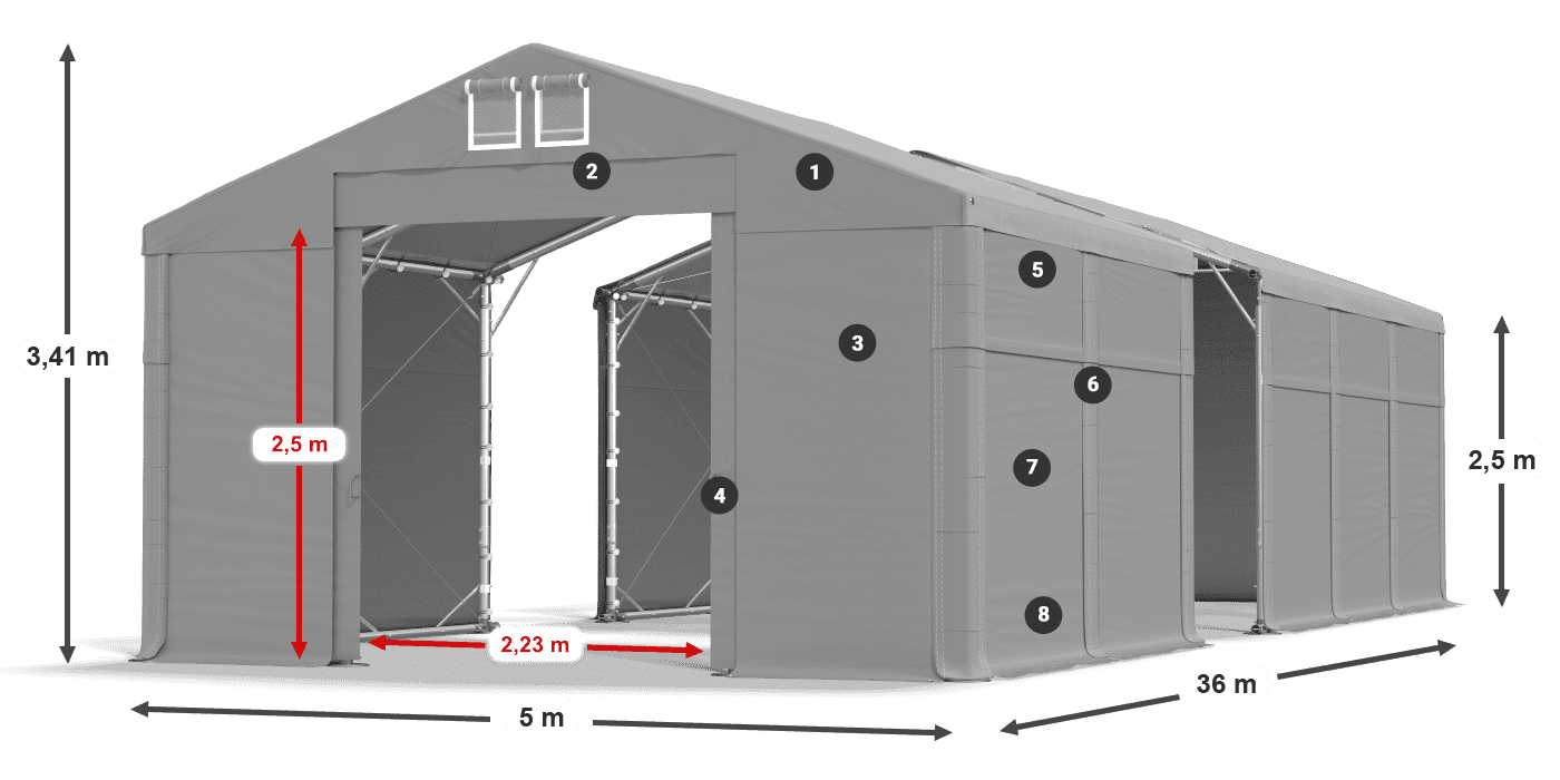 Tető: MS 580 PVC Falak: FR 620 PVC 2,5 m jelmagyarázat