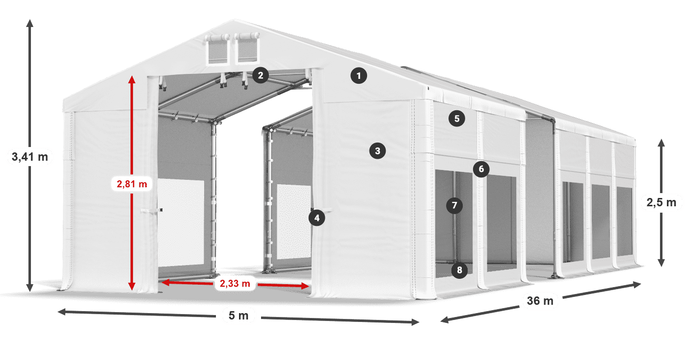 Tető: MS 580 PVC Falak: MS 580 PVC 2,5 m jelmagyarázat