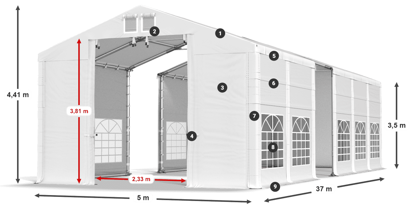 Tető: MS 580 PVC Falak: FR 620 PVC 3,5 m jelmagyarázat