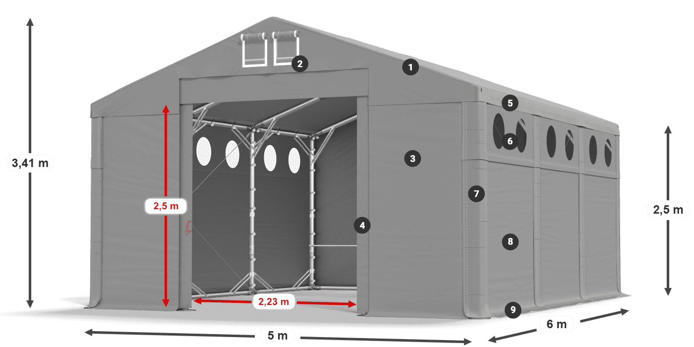 Tető: FR 620 PVC Falak: MS O 580 PVC 2,5 m jelmagyarázat