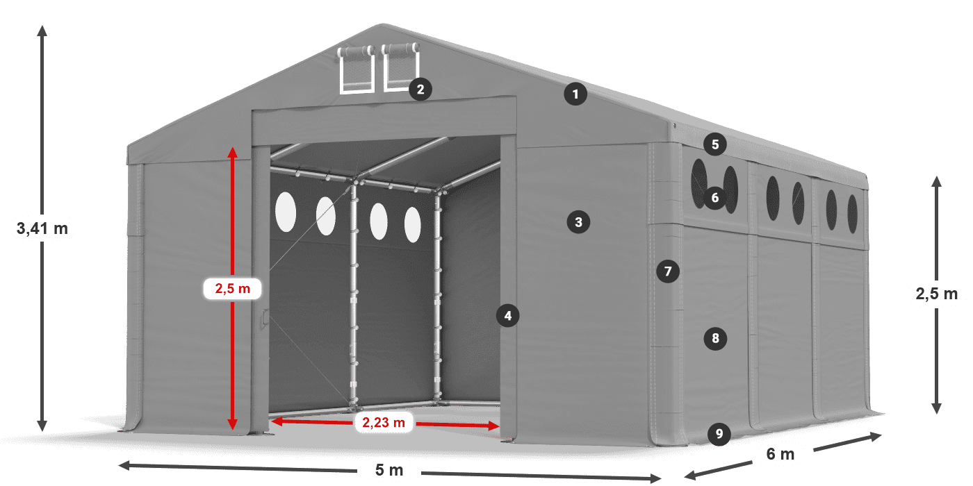 Tető: FR 620 PVC Falak: MS O 580 PVC 2,5 m jelmagyarázat