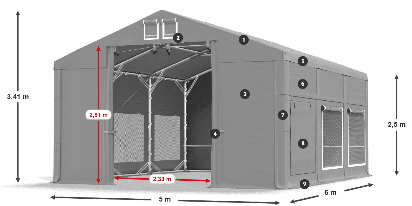 Tető: FR 620 PVC Falak: SD 500 PVC 2,5 m jelmagyarázat