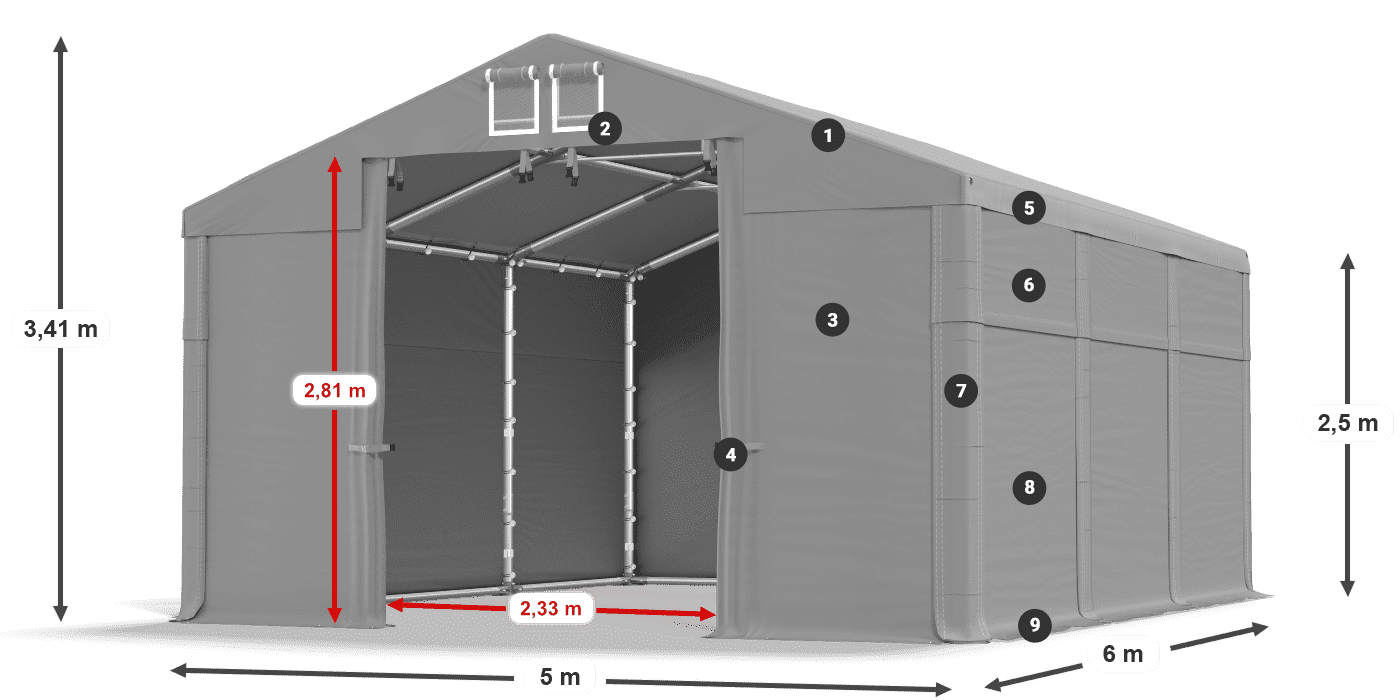 Tető: FR 620 PVC Falak: SD 500 PVC 2,5 m jelmagyarázat