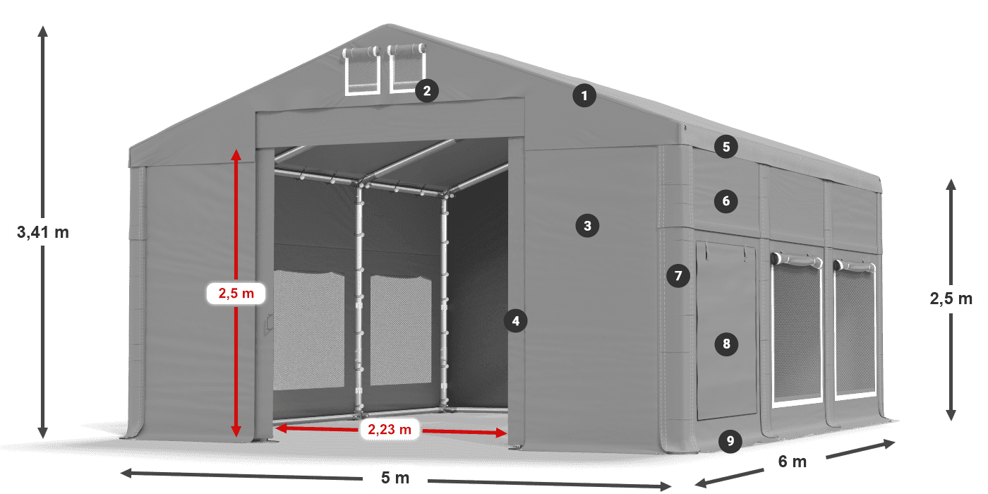 Tető: FR 620 PVC Falak: SD 500 PVC 2,5 m jelmagyarázat