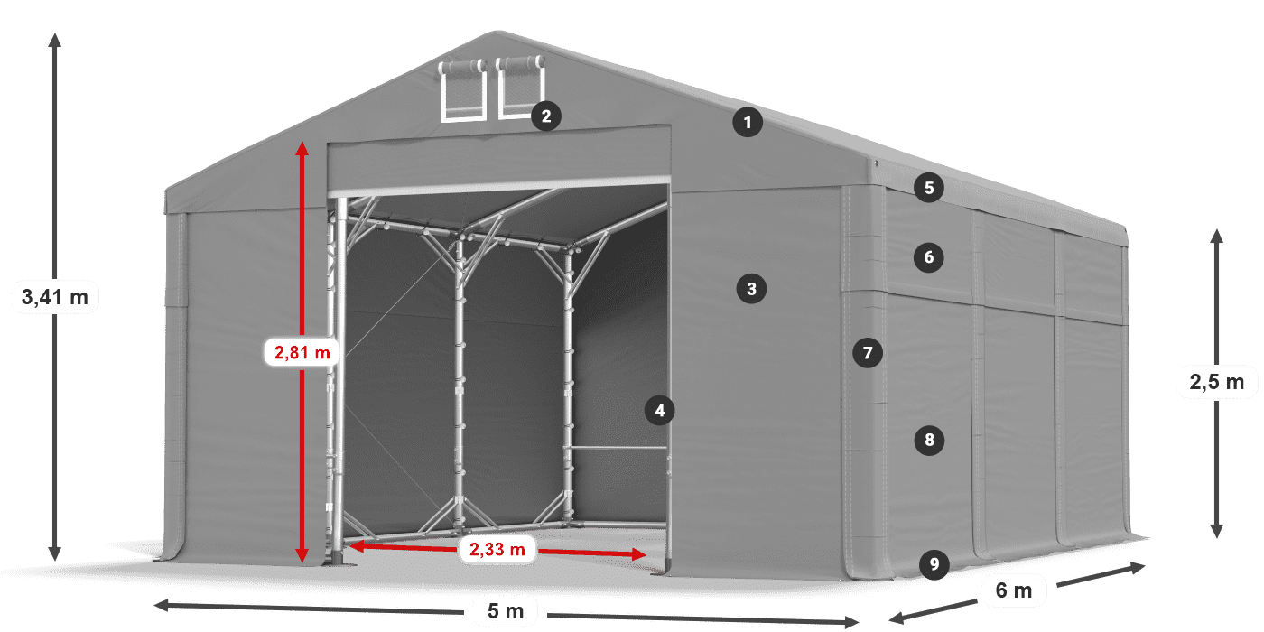 Tető: MS 580 PVC Falak: FR 620 PVC 2,5 m jelmagyarázat