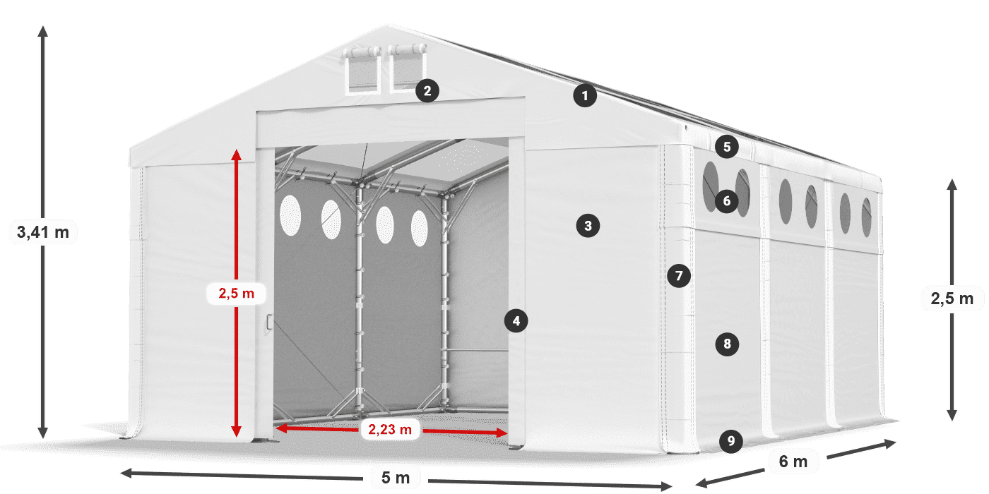Tető: MS T 580 PVC Falak: FR O 620 PVC 2,5 m jelmagyarázat