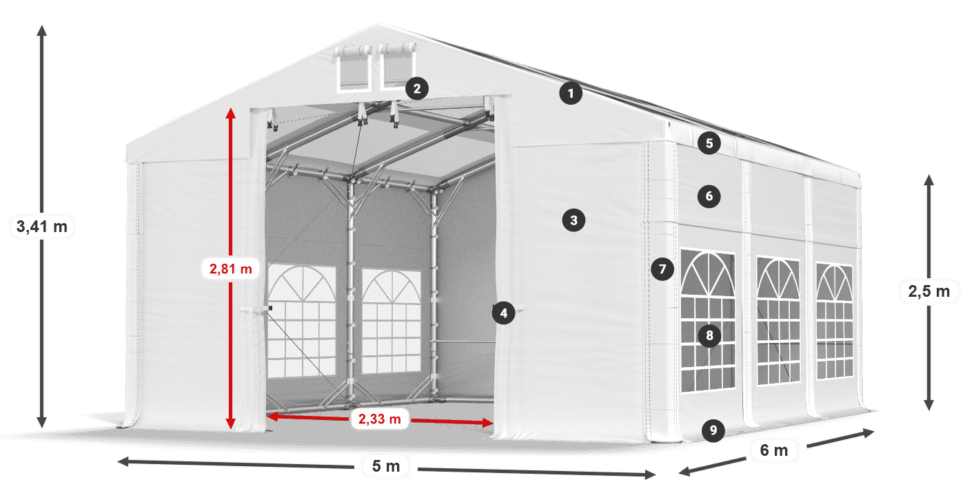 Tető: MS T 580 PVC Falak: FR 620 PVC 2,5 m jelmagyarázat