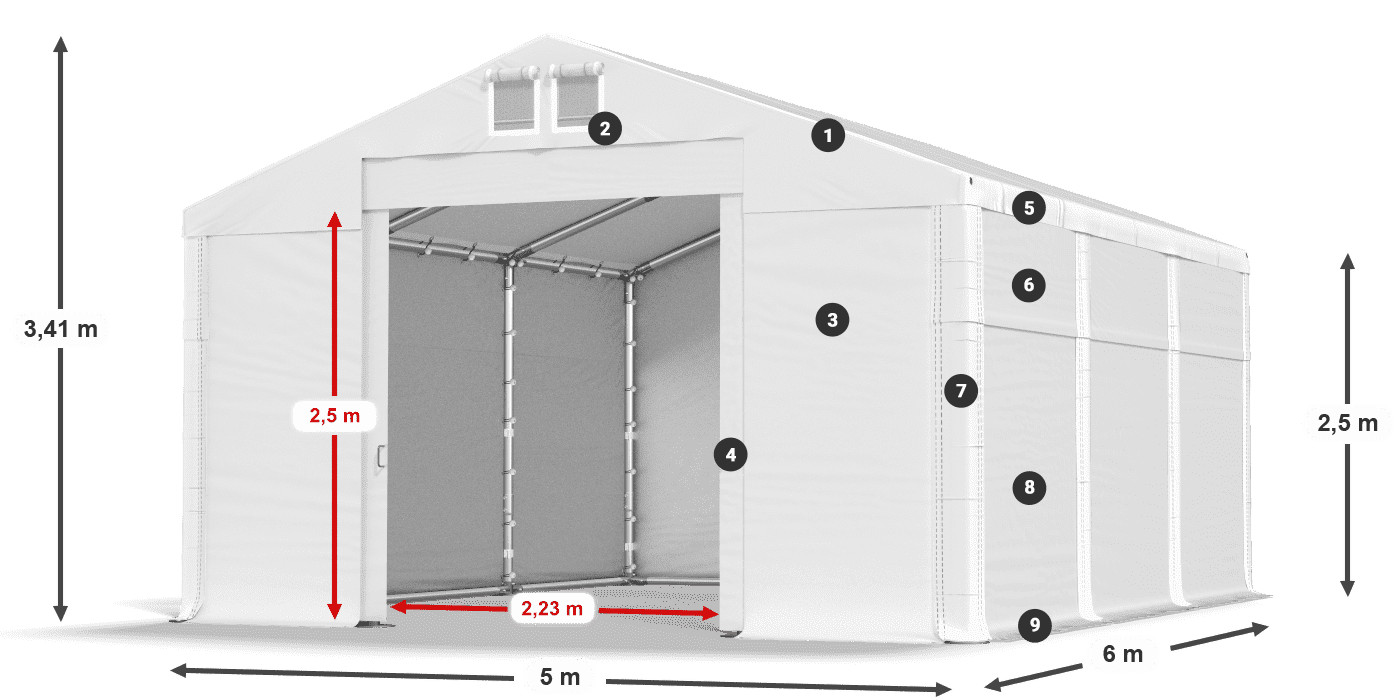 Tető: MS 580 PVC Falak: FR 620 PVC 2,5 m jelmagyarázat