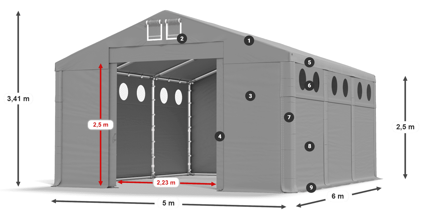 Tető: MS 580 PVC Falak: FR O 620 PVC 2,5 m jelmagyarázat