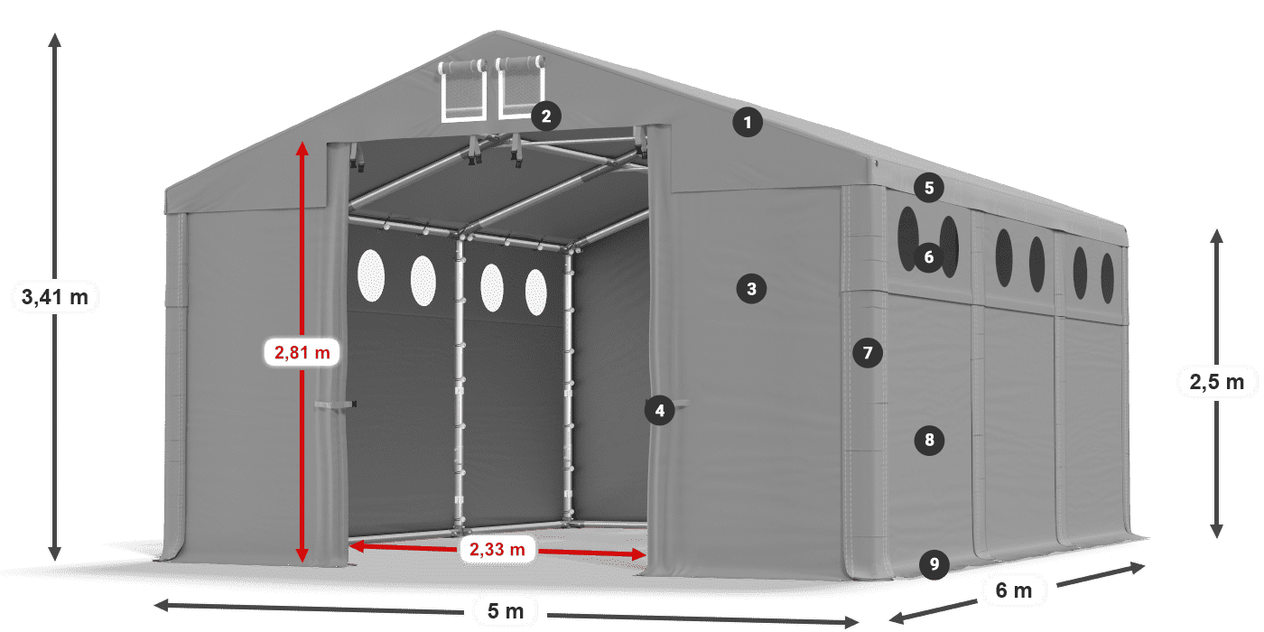 Tető: MS 580 PVC Falak: FR O 620 PVC 2,5 m jelmagyarázat