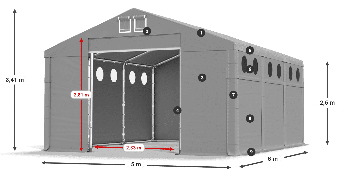 Tető: MS 580 PVC Falak: FR O 620 PVC 2,5 m jelmagyarázat
