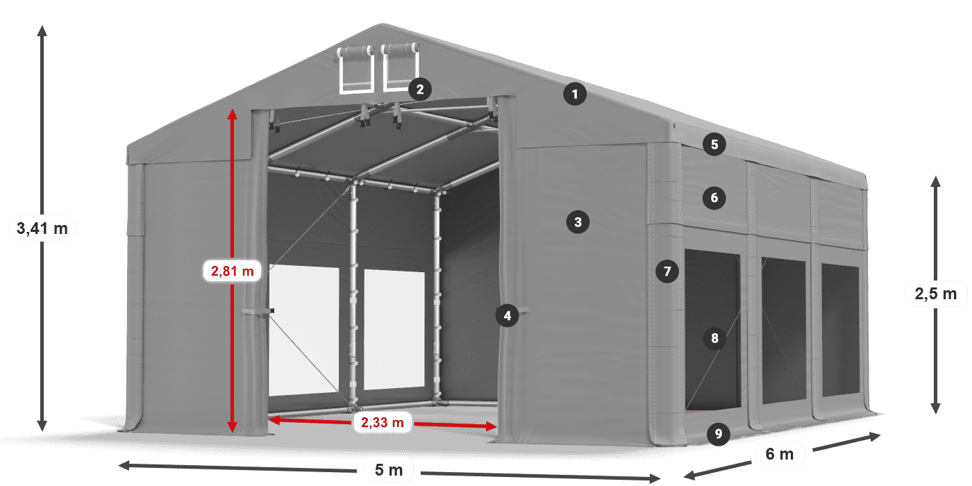 Tető: MS 580 PVC Falak: MS 580 PVC 2,5 m jelmagyarázat