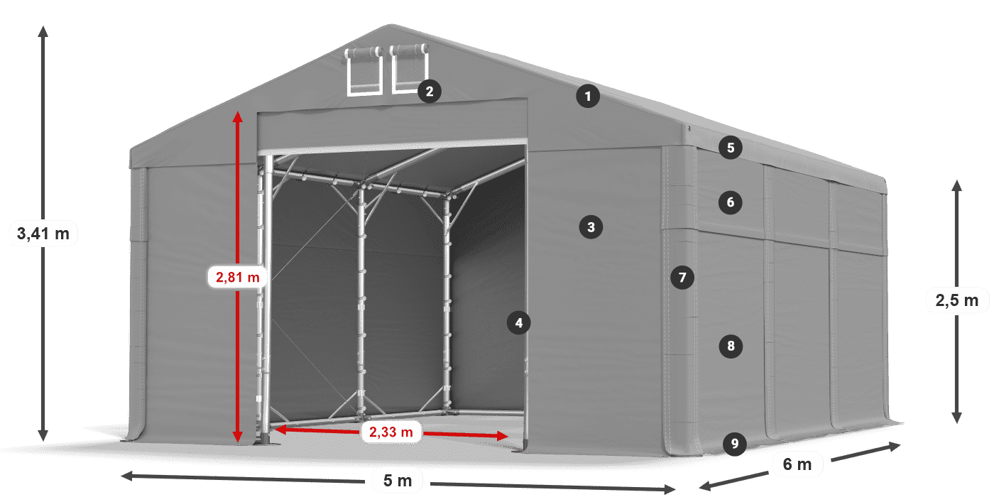 Tető: MS 580 PVC Falak: SD 500 PVC 2,5 m jelmagyarázat