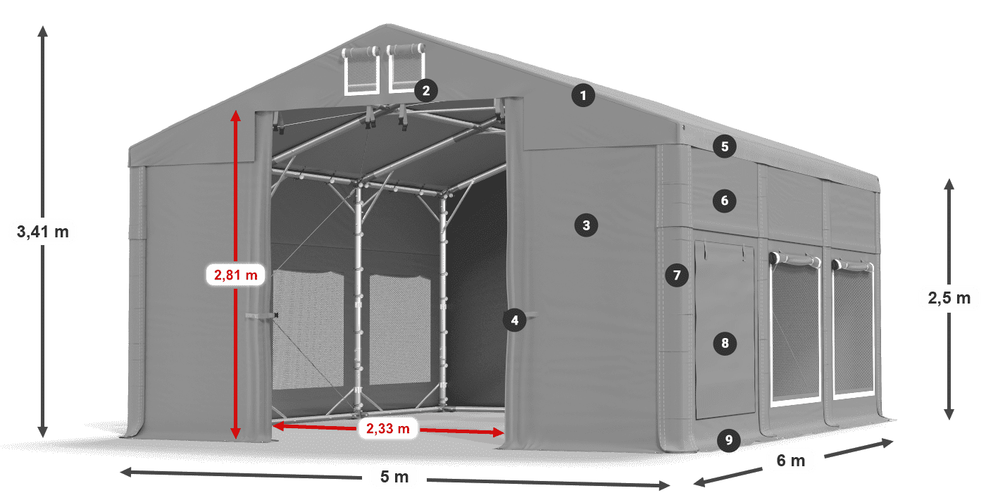 Tető: MS 580 PVC Falak: SD M 500 PVC 2,5 m jelmagyarázat