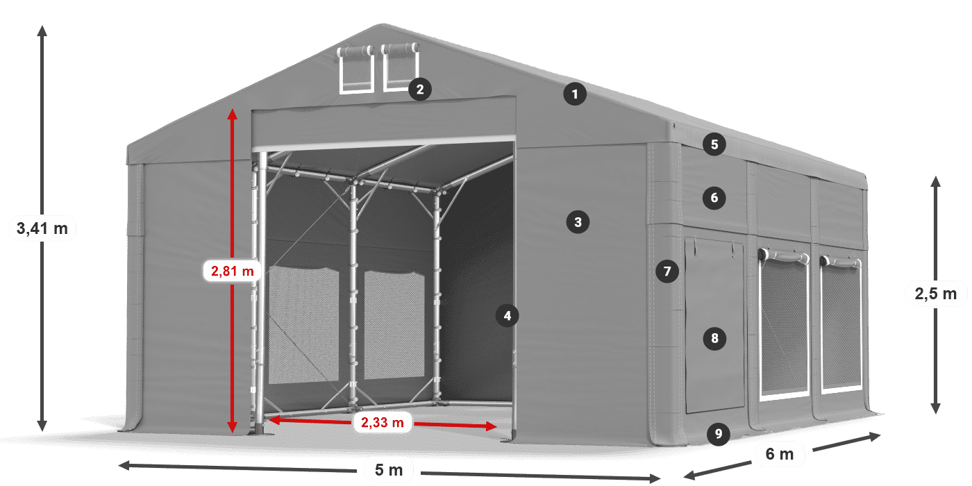 Tető: MS 580 PVC Falak: SD M 500 PVC 2,5 m jelmagyarázat