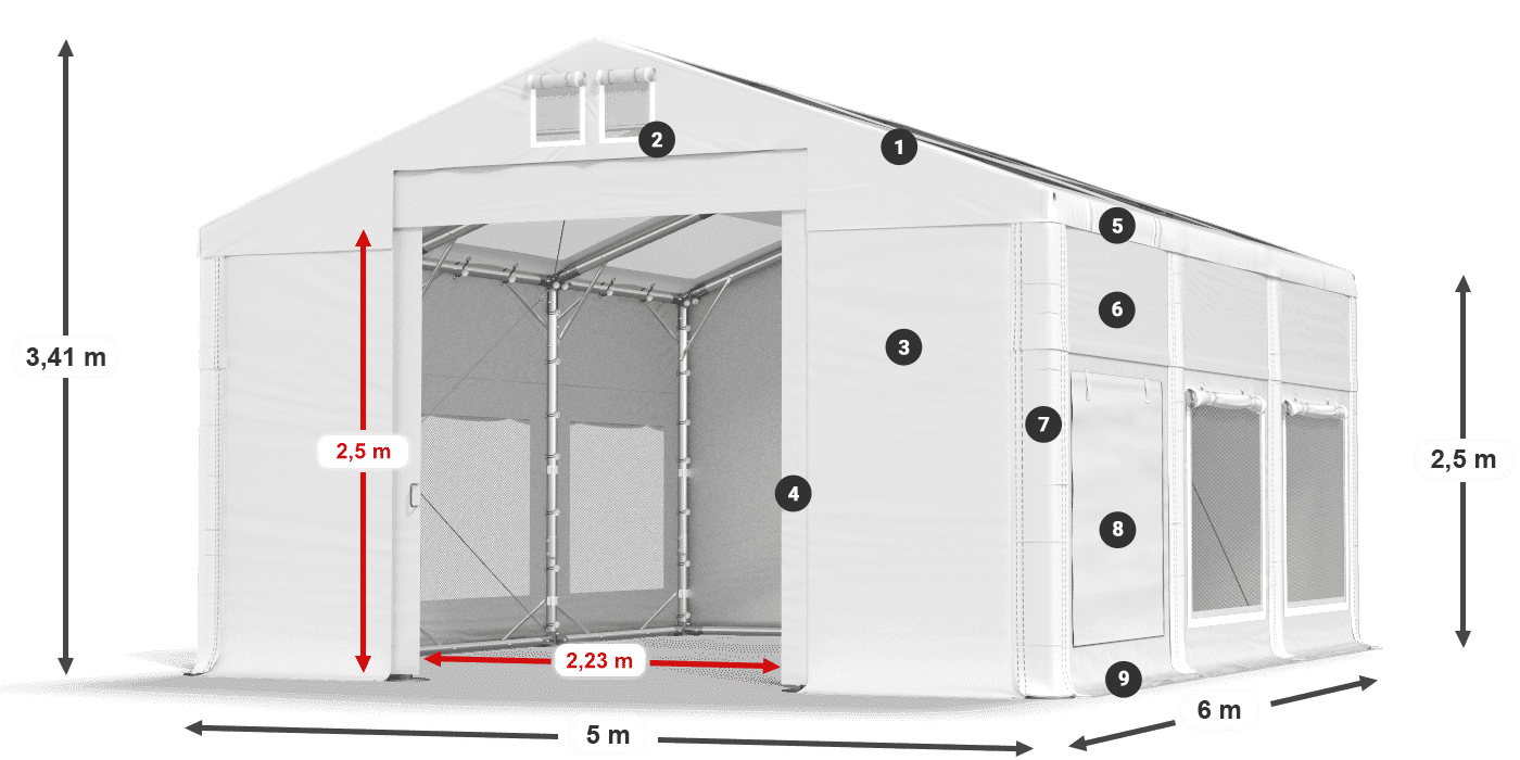 Tető: MS T 580 PVC Falak: SD M 500 PVC 2,5 m jelmagyarázat