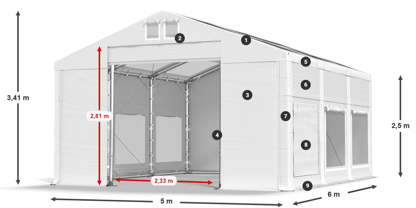 Tető: MS T 580 PVC Falak: SD M 500 PVC 2,5 m jelmagyarázat