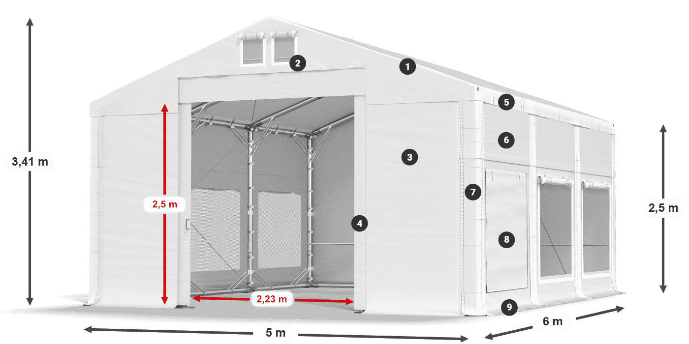 Tető: MS 580 PVC Falak: SD M 500 PVC 2,5 m jelmagyarázat
