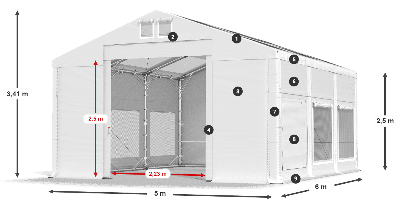 Tető: MS T 580 PVC Falak: SD M 500 PVC 2,5 m jelmagyarázat