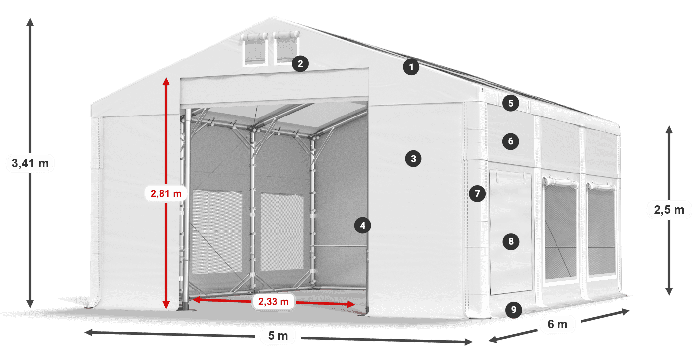 Tető: MS T 580 PVC Falak: SD M 500 PVC 2,5 m jelmagyarázat