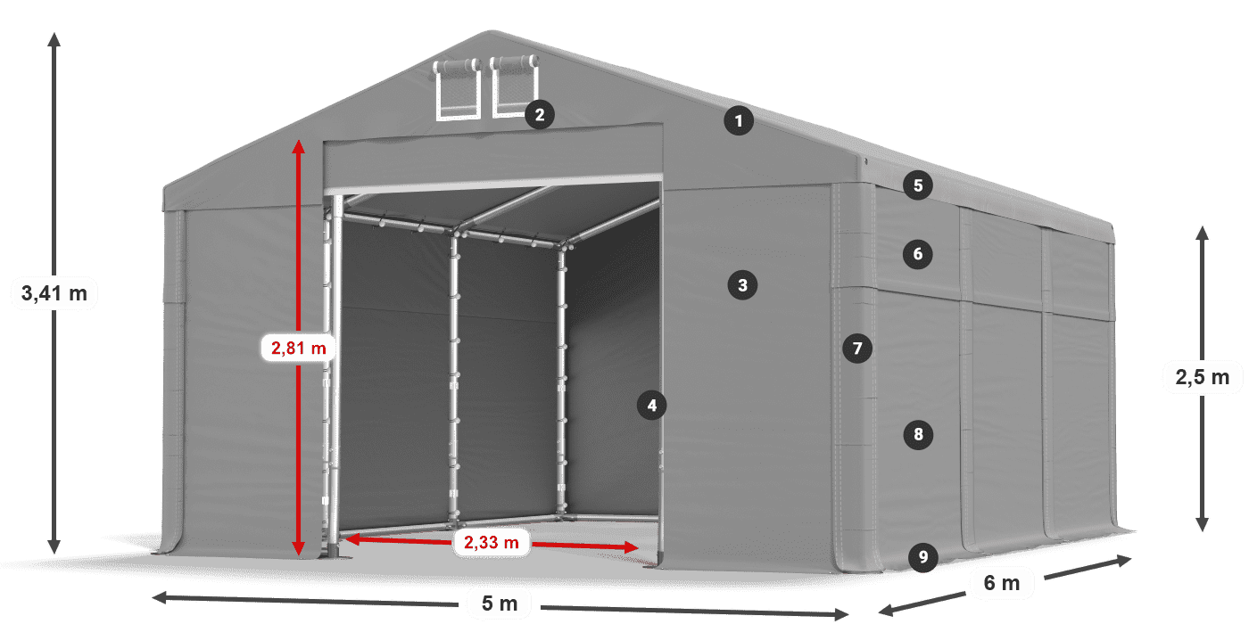 Tető: MS 580 PVC Falak: SD 500 PVC 2,5 m jelmagyarázat