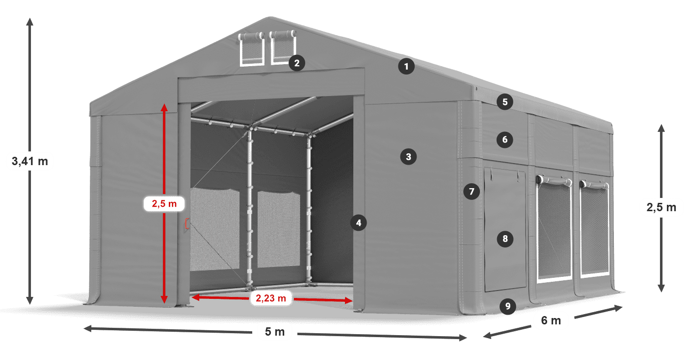 Tető: MS 580 PVC Falak: SD M 500 PVC 2,5 m jelmagyarázat