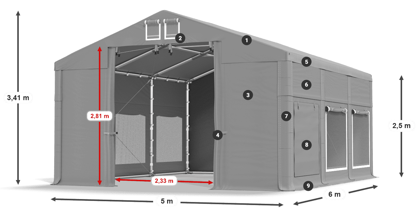 Tető: MS 580 PVC Falak: SD M 500 PVC 2,5 m jelmagyarázat