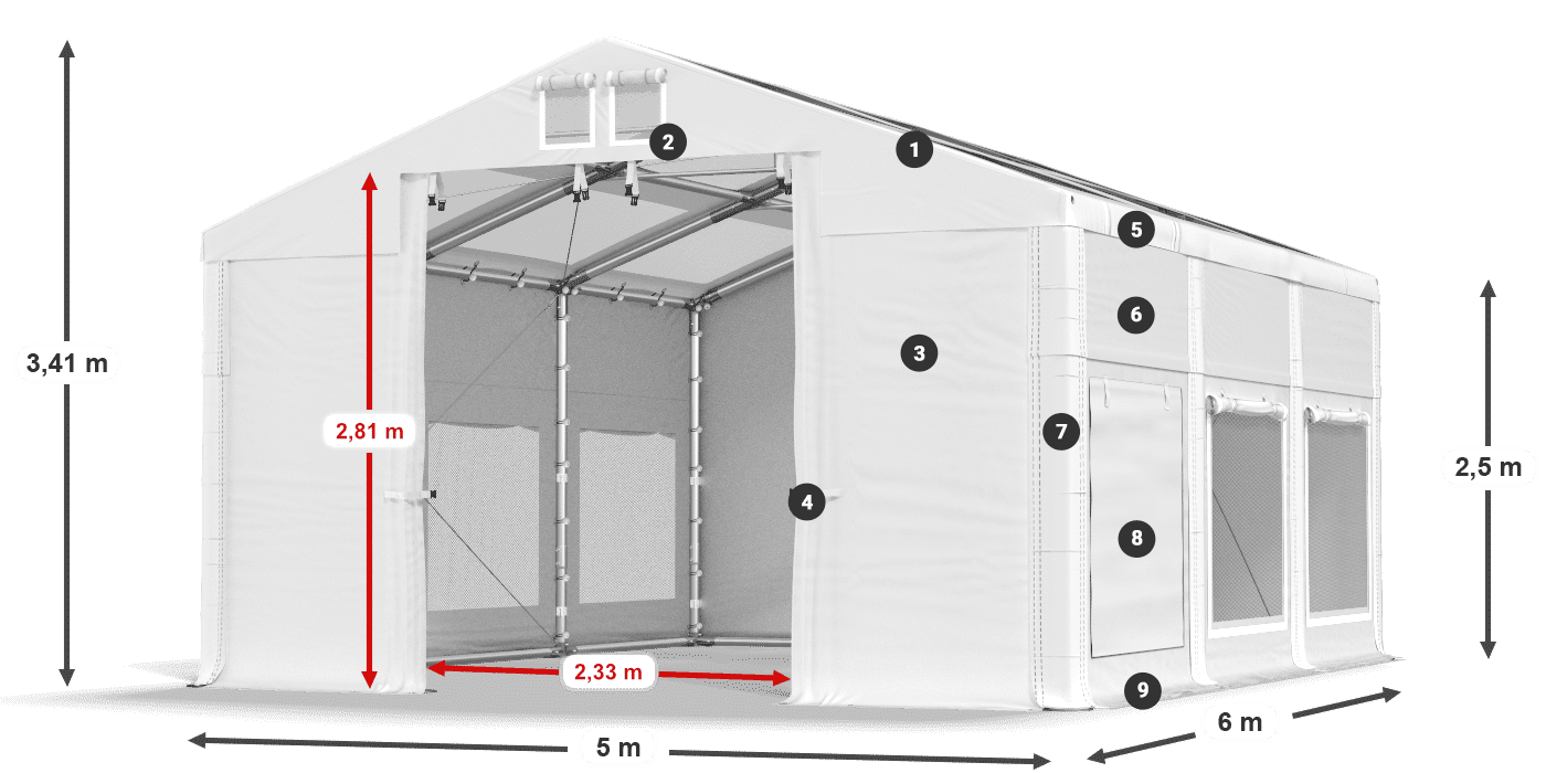 Tető: MS T 580 PVC Falak: SD M 500 PVC 2,5 m jelmagyarázat