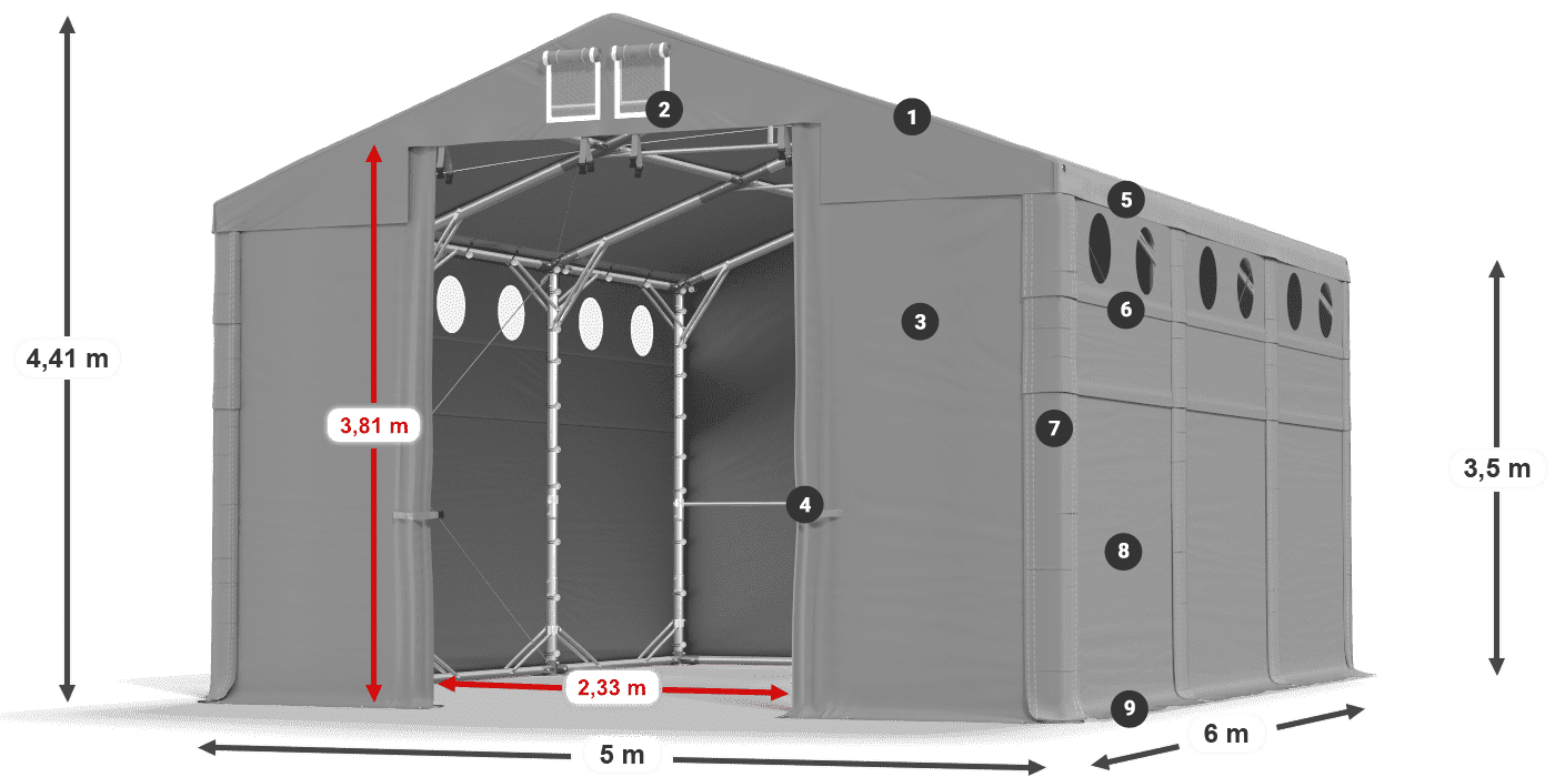 Tető: FR 620 PVC Falak: MS O 580 PVC 3,5 m jelmagyarázat