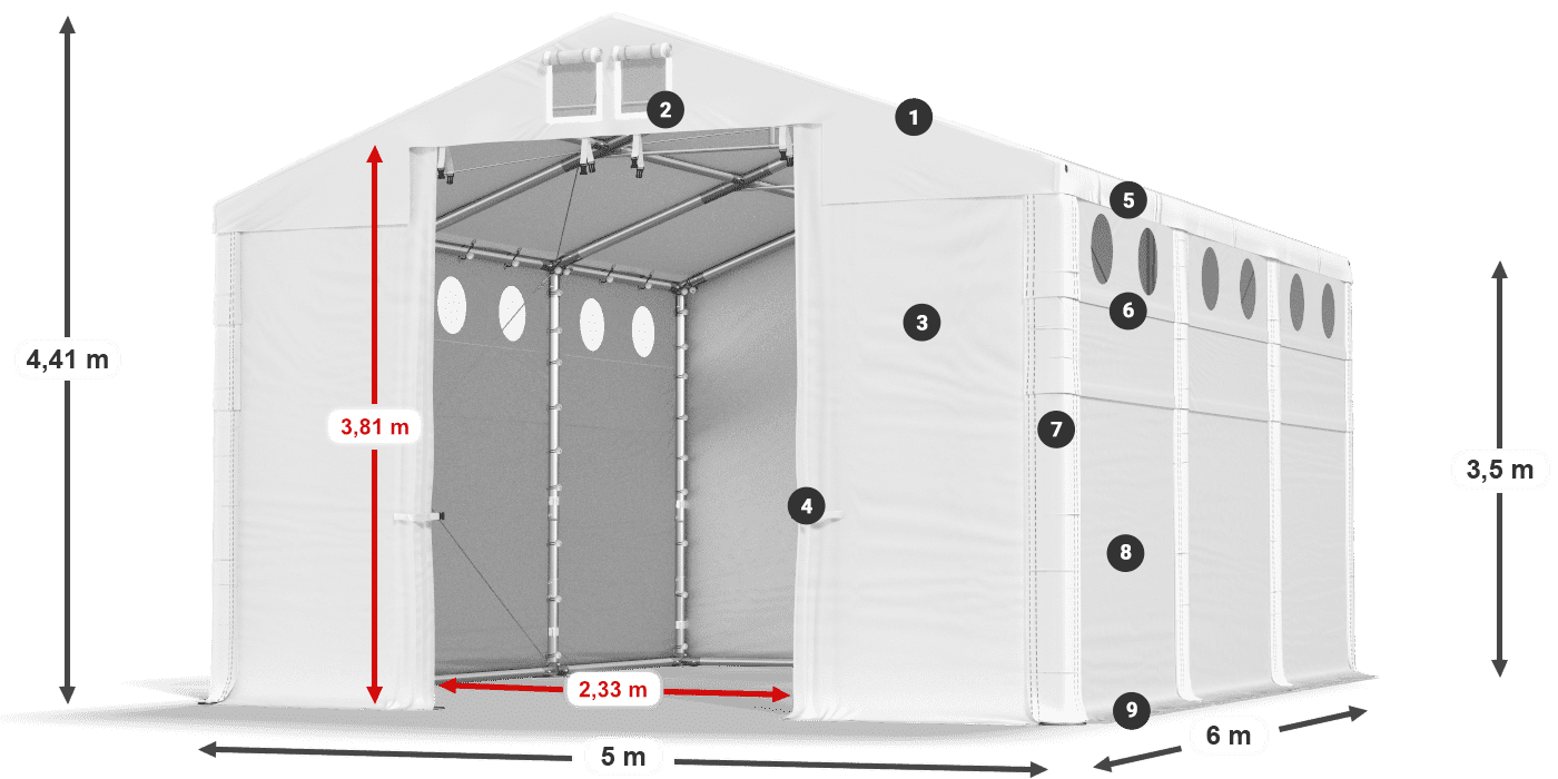Tető: FR 620 PVC Falak: MS O 580 PVC 3,5 m jelmagyarázat